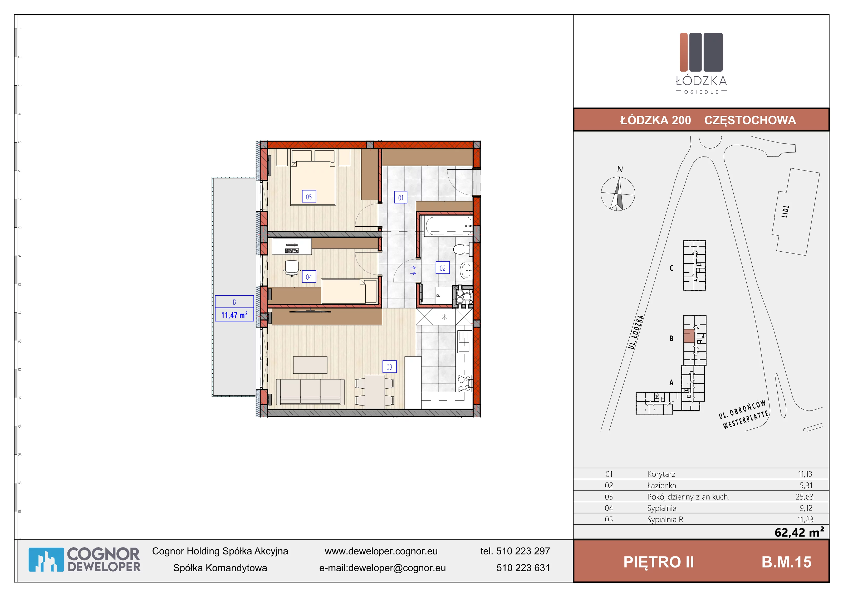 Mieszkanie 62,50 m², piętro 2, oferta nr B.M.15, Łódzka Osiedle, Częstochowa, Częstochówka-Parkitka, ul. Łódzka 198, 200, 202